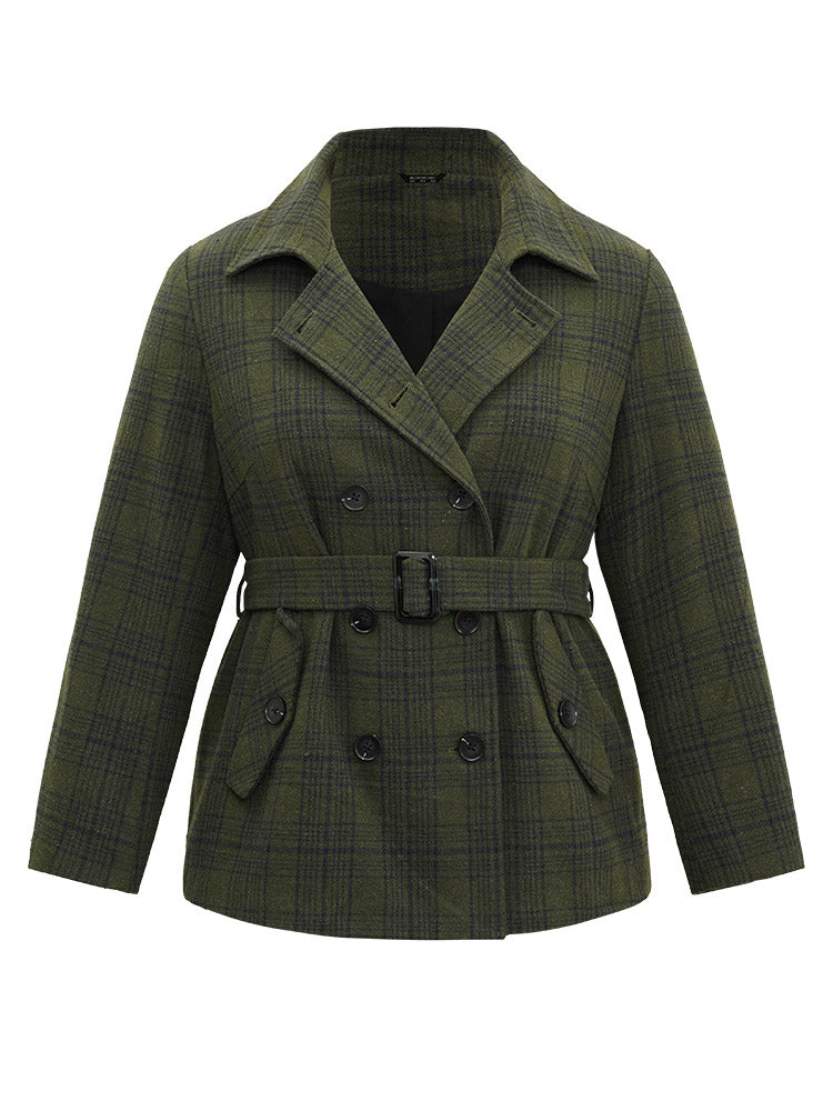 Plaid Lapel Collar Double Breasted Belted Coat