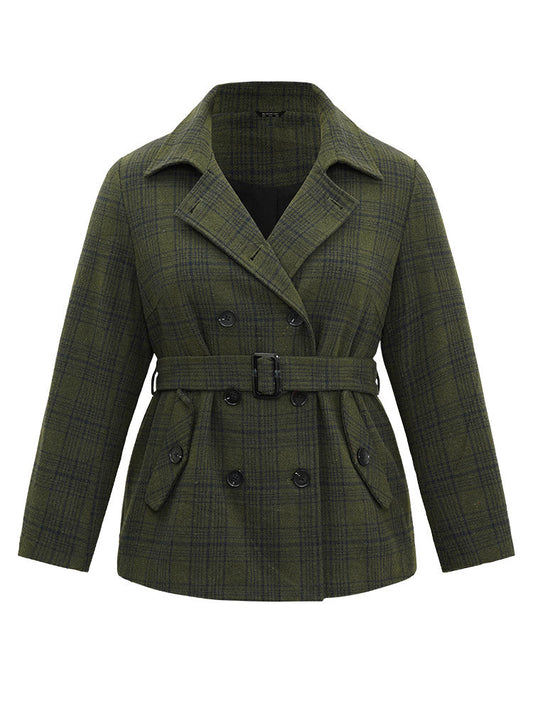 Plaid Lapel Collar Double Breasted Belted Coat