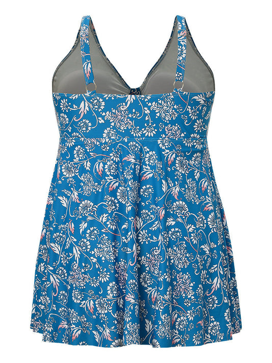 Floral Print Ruffle Hem Knot Front Ruched Swim Dress