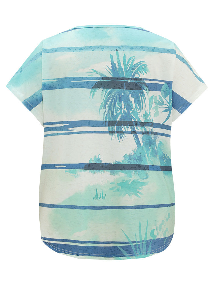 Coconut Tree Print Batwing Sleeve Arc Hem Tie Dye T-shirt