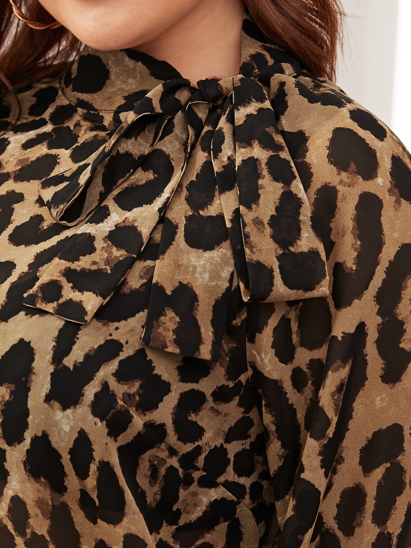 Tie Neck Lantern Sleeve Leopard Top