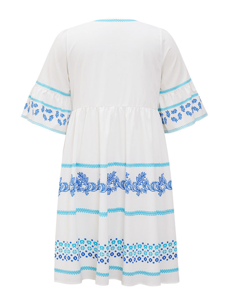 Floral & Geometric Pocket Bell Sleeve Flutter Hem Dress