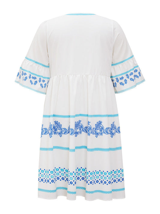 Floral & Geometric Pocket Bell Sleeve Flutter Hem Dress