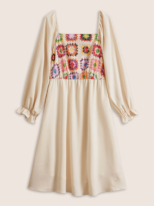 Floral Patchwork Square Neck Gathered Dress