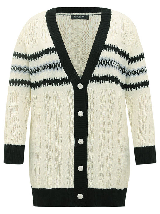 Cable Knit Striped Geo Button Fly Cardigan