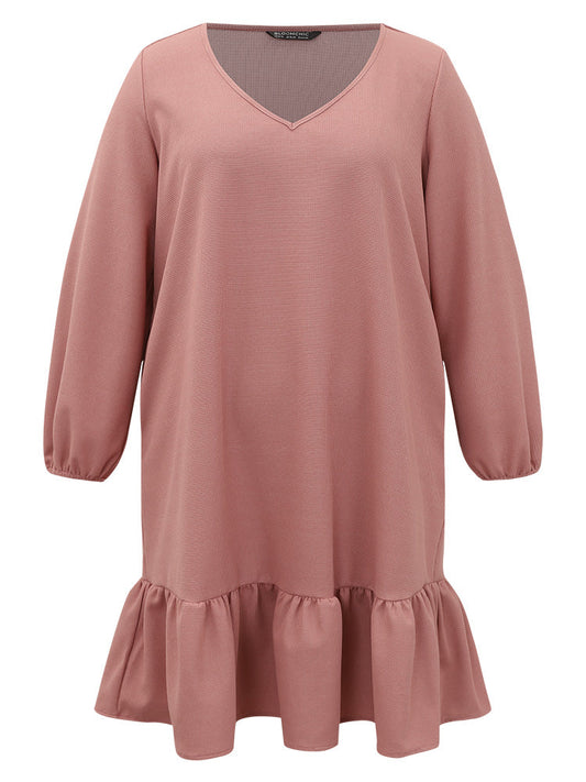 Plain Waffle Knit Pleated Texture Ruffle Hem Dress