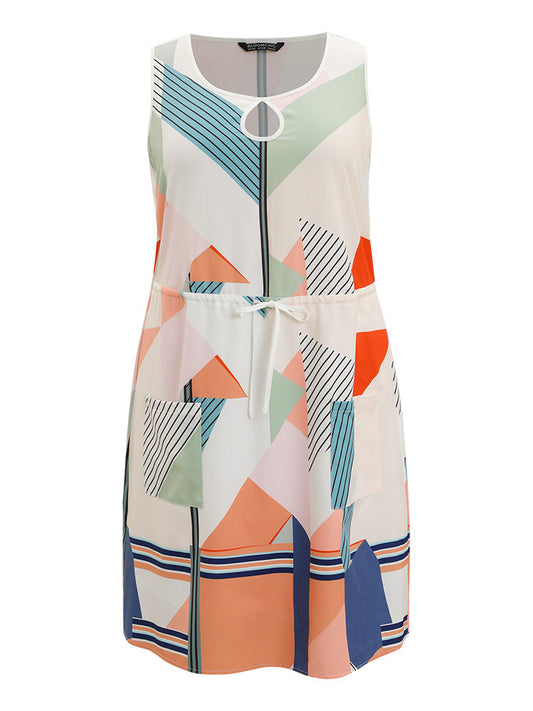 Geometric Print Pocket Drawstring Keyhole Tank Dress