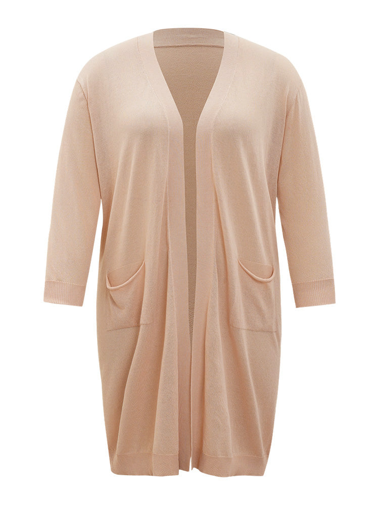 Solid Patched Pocket Open Front Breathable Maxi Cardigan