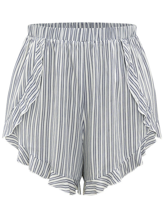 Striped Wrap Ruffle Trim Sleep Shorts