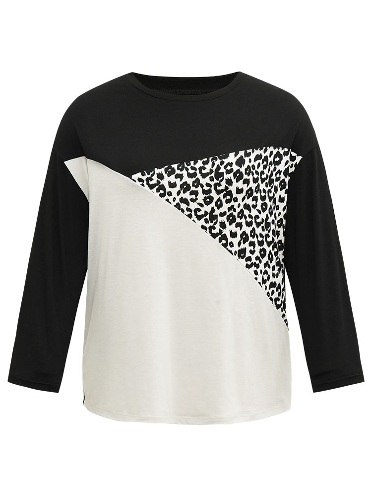 Leopard Print Colorblock Patchwork T-shirt
