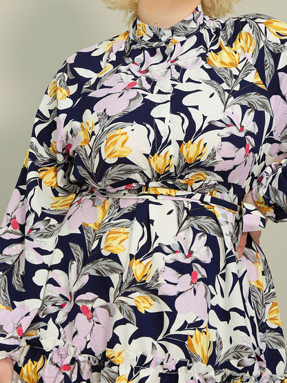 Mandarin Collar Ruffled Floral Dress