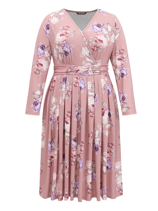 Floral Wrap Pleated Elastic Waist Ruched Dress