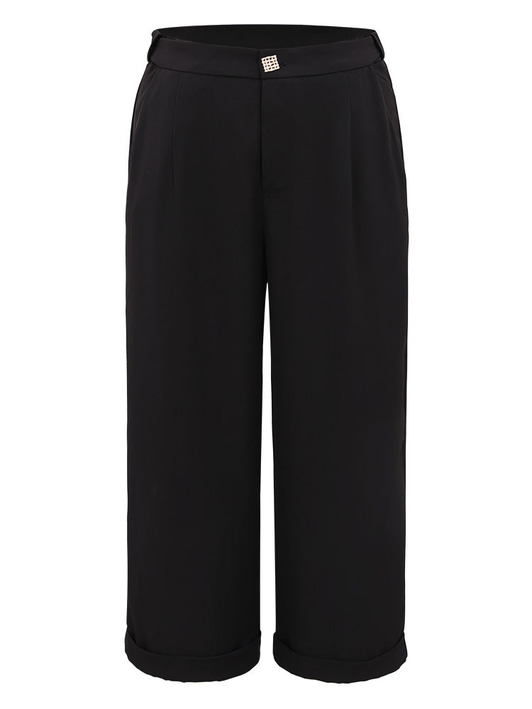 Plain Metal Detail Pocket Wide Leg Pants