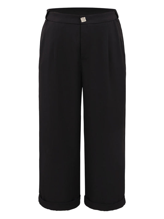 Plain Metal Detail Pocket Wide Leg Pants