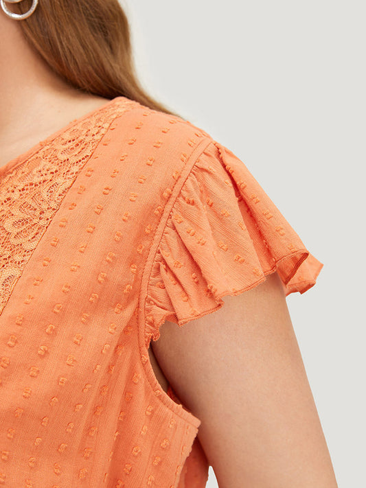 Floral Patchwork Ruffle Cap Sleeve Tie Neck Blouse