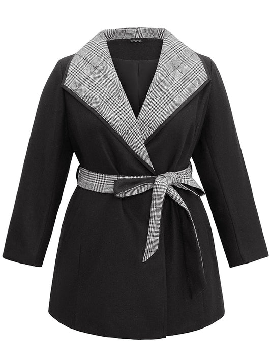 Lapel Collar Patchwork Belted Contrast Coat