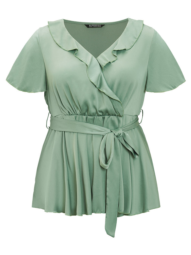 Anti-Wrinkle Plain Belt Ruffle Wrap Trim Blouse