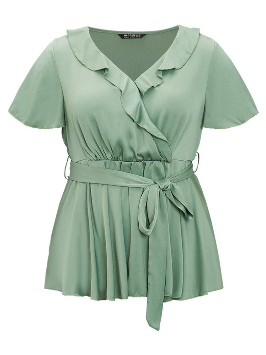 Anti-Wrinkle Plain Belt Ruffle Wrap Trim Blouse