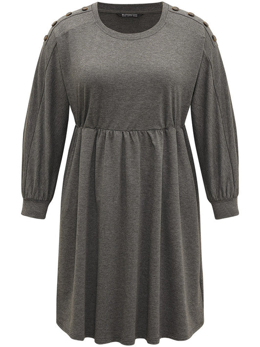 Plain Button Detail Pocket Gathered Dress