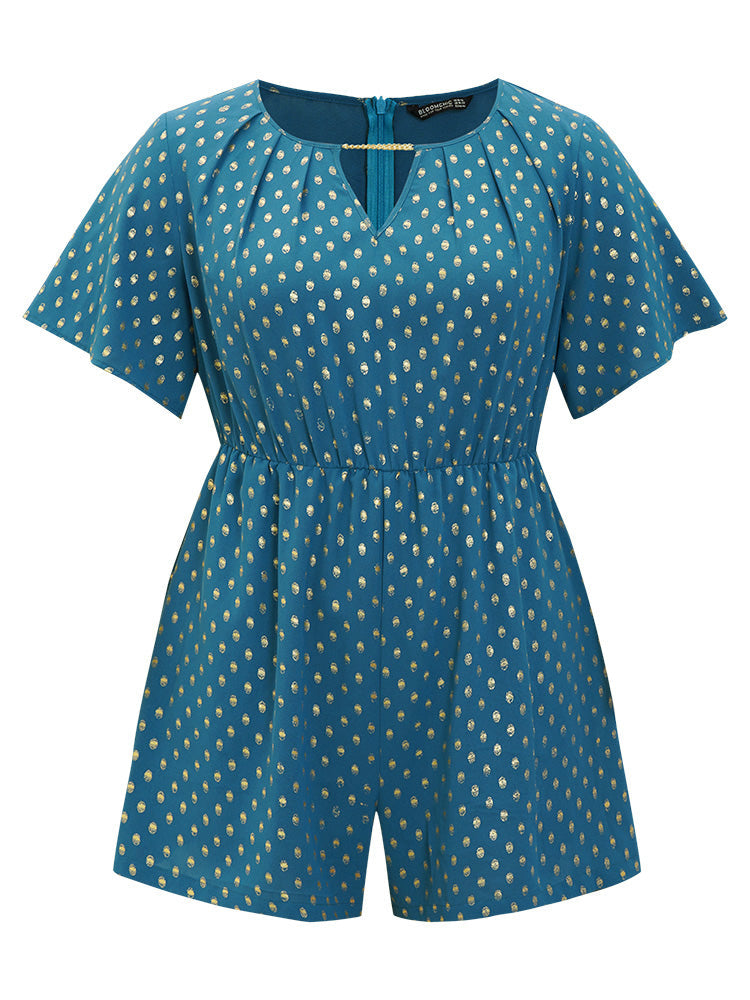 Polka Dot Chain Neck Pocket Glitter Zipper Romper