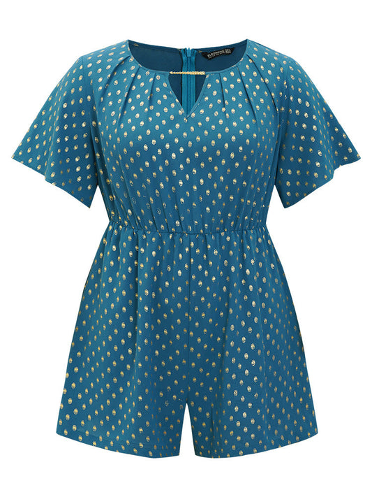 Polka Dot Chain Neck Pocket Glitter Zipper Romper