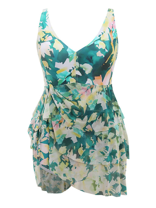 Allover Print Ruffle Tiered Front Swim Dress