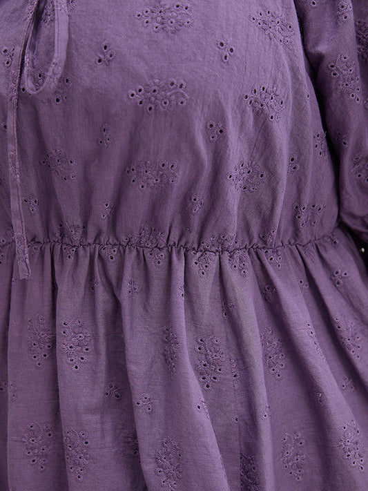 Solid Ruffle Knot Scalloped Trim Broderie Anglaise Blouse