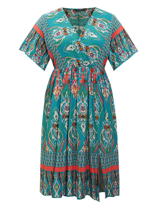 Bandana Pocket Batwing Sleeve Split Surplice Neck Dress