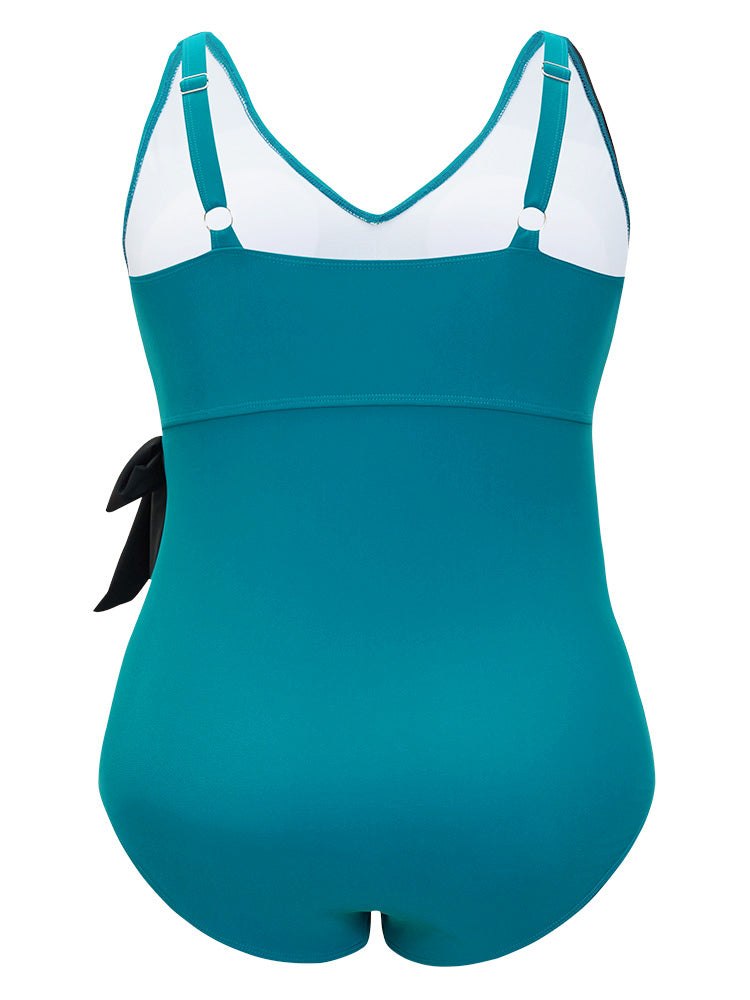 Colorblock Contrast Knot Side V Neck One Piece Swimsuit