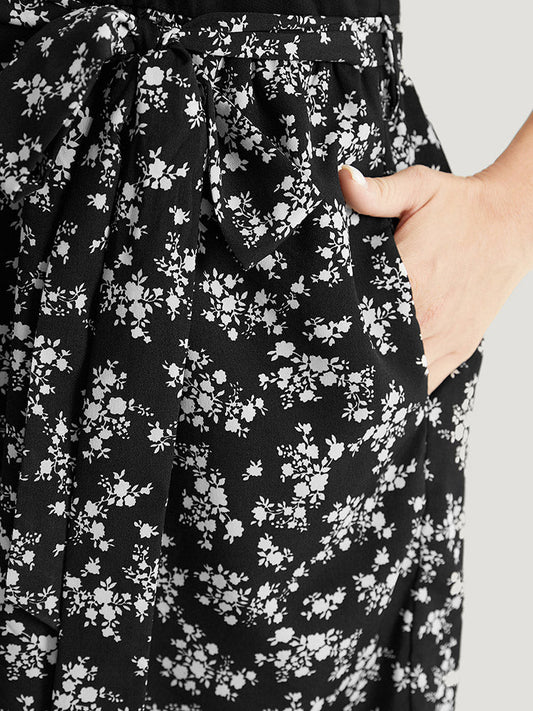 Ditsy Floral Patchwork Pocket Belted Off Shoulder Romper