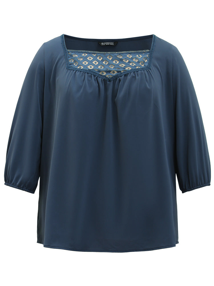 Anti-Wrinkle Square Neck Lace Panel Gathered Blouse