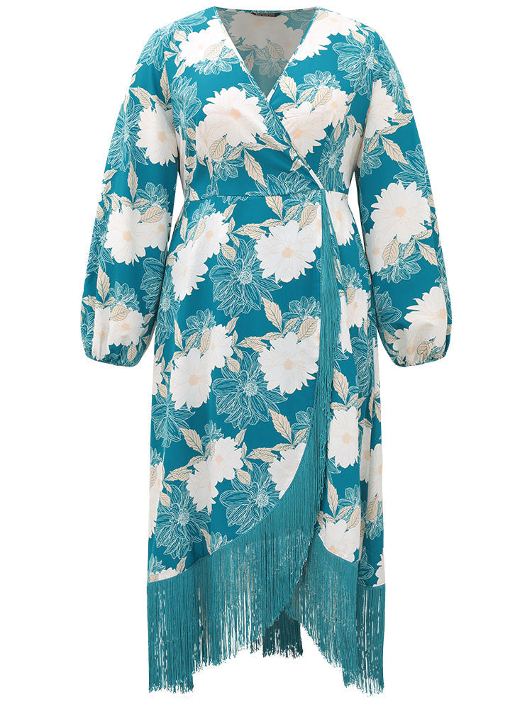 Floral Print Wrap Tassel Trim Lantern Sleeve Dress