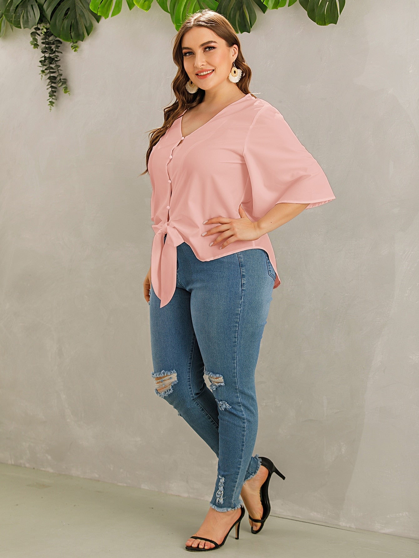 Solid Button Through Tie Front Blouse