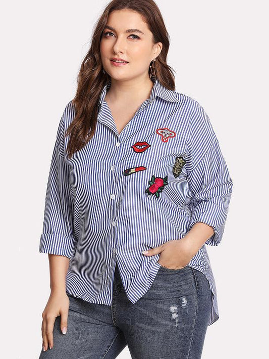 Badges Details Striped Lapel Collar