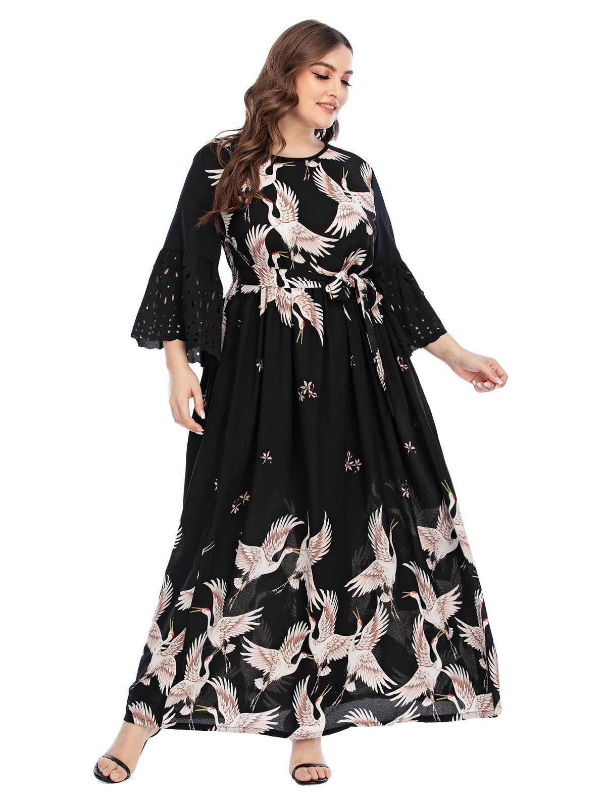 Crane Printed Flared Sleeve Maxi Dress