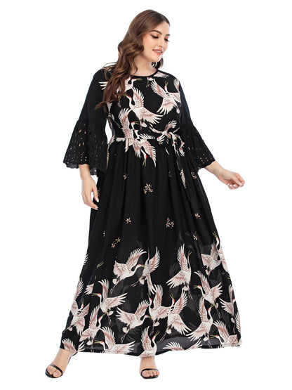 Crane Printed Flared Sleeve Maxi Dress