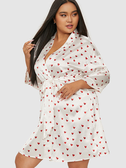 Heart Pattern Belted Satin Lounge Dress