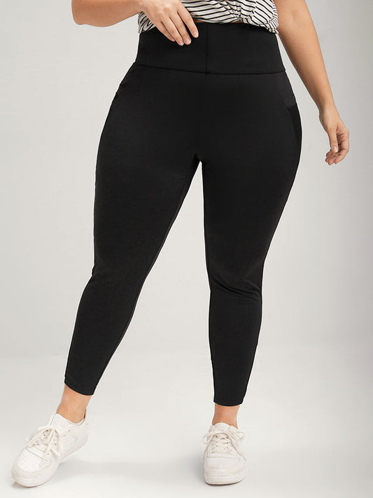 Plain Mesh Pocket Wide Waistband  Leggings