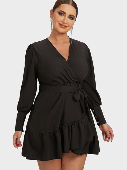 Lantern Sleeve Ruffled Wrap Knot Dress