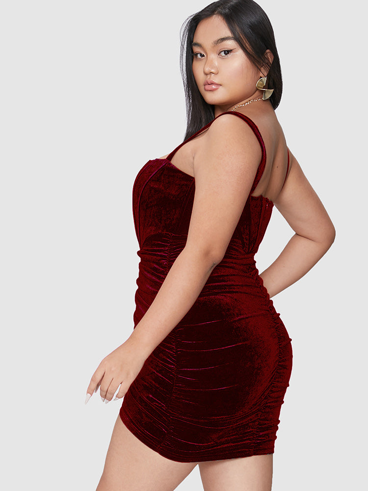 Solid Velvet Ruched Cami Bodycon Dress