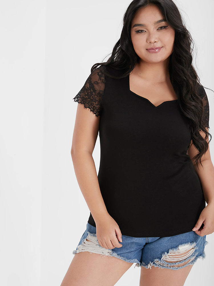 Solid Lace Sleeve Notched T-shirt