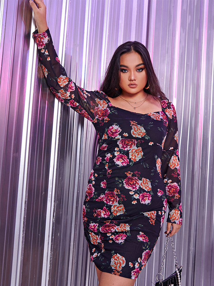 See Through Sleeve Floral Dress
