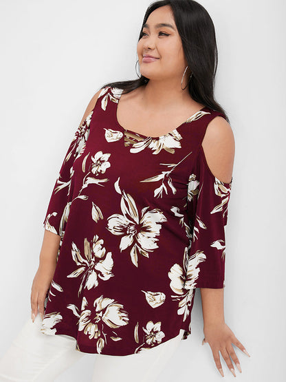 Floral Print Ruffles Cold Shoulder T-shirt