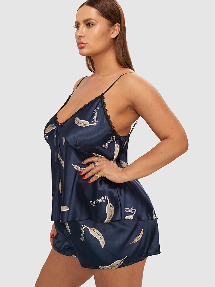 Feather Print Satin Lace Trim Pajama Set