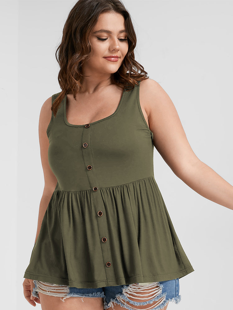 Solid Scoop Neck Button Front Tank Top