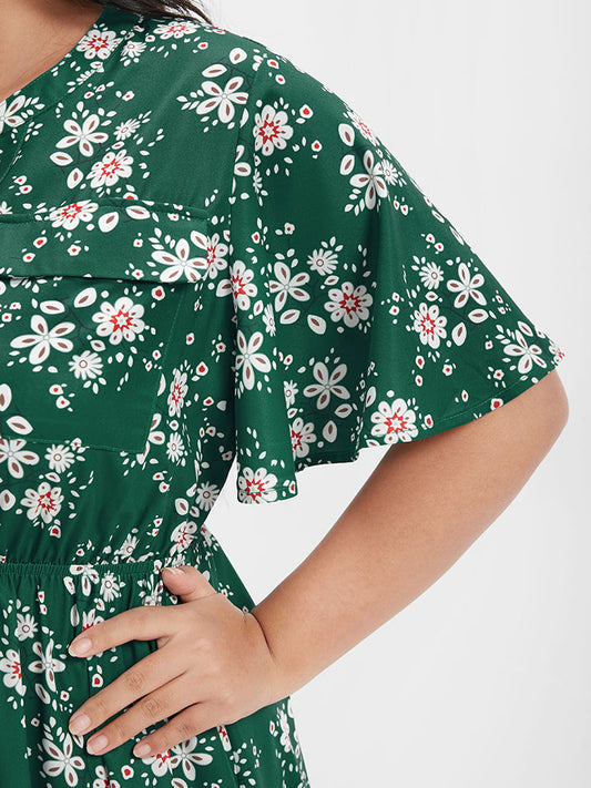 Floral Pocket Ruffled V Neck Short Dress