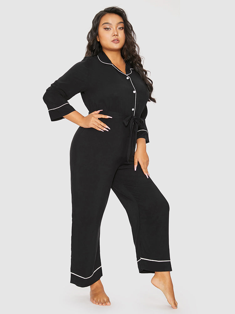 Contrast Binding Button Belted Lounge Jumpsuit