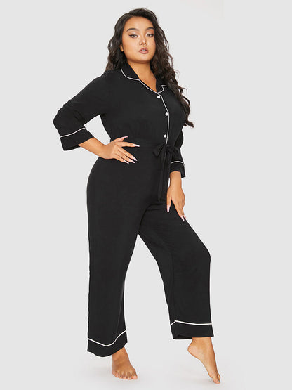 Contrast Binding Button Belted Lounge Jumpsuit