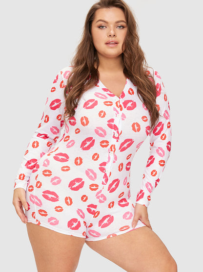 Samantha Casual At Home - Allover Lip Print Button Sleep Ropmer
