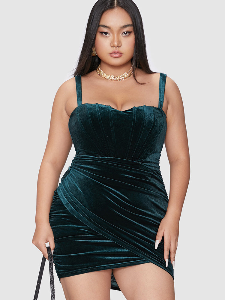 Solid Velvet Ruched Cami Bodycon Dress